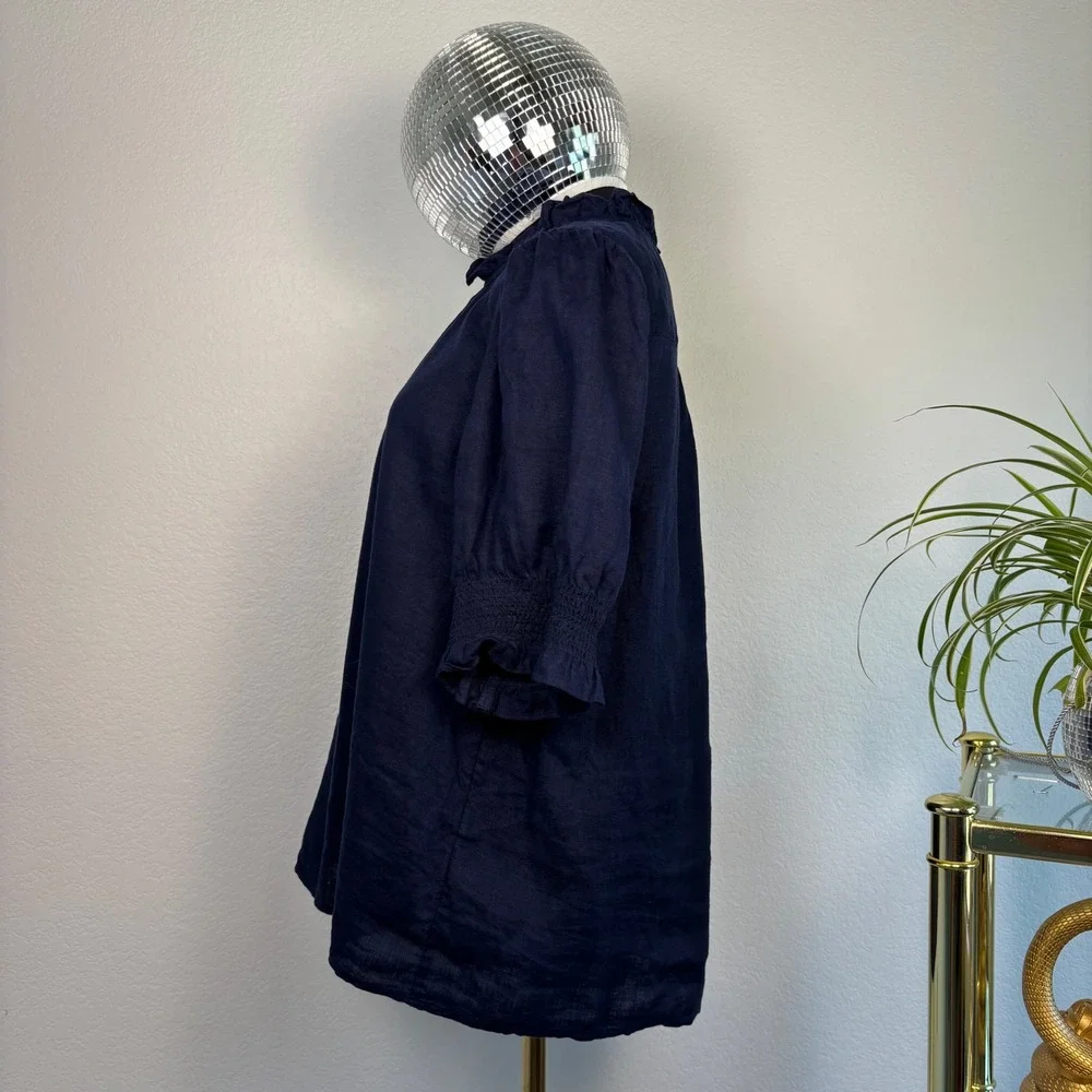 J.Crew 100% Linen Smocked Puff Sleeve Ruffle Top, Medium Navy Blue Preppy office